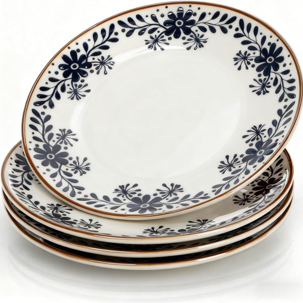 4 Pack Ceramic Dinner Plates, 10" Round Appetizer Plates, Blue Floral Dessert Serving Dishes, Vintage Salad Plate, Scratch Resistant Dinnerware for Kitchen, Microwave Dishwasher Oven Safe